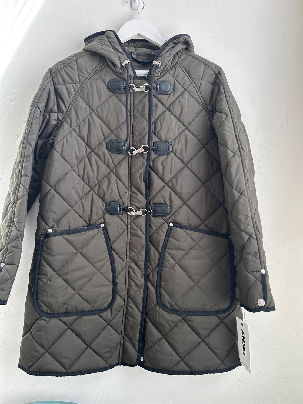 DKNY Quilted Hooded Toggle Coat in Olive